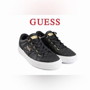 GUESS Quilted Black Leather Sneakers Gold Logo Size 8.5
